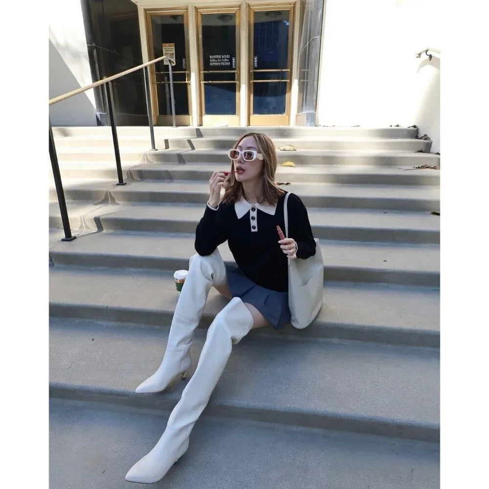 Women White Polyurethane Over the Knee Square Toe Block Heel Long Zipper Boots